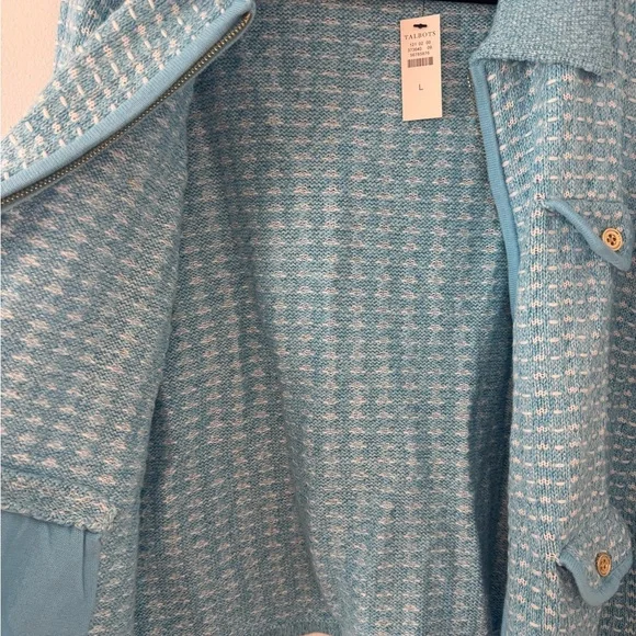NWT Talbots Blue Knit Zip Front Jacket Cardigan Gold Buttons Size Large - Picture 5 of 7